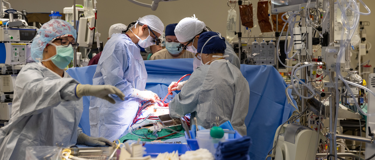 Mohammad Bashir and thoracic surgery fellow Albert Pai perform a pulmonary/tricuspid valve repair/replacement at UIHC on Friday, Oct. 22, 2021.